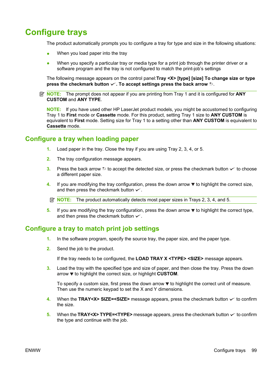 Configure trays, Configure a tray when loading paper, Configure a tray to match print job settings | HP Color LaserJet CP6015 Printer series User Manual | Page 113 / 308