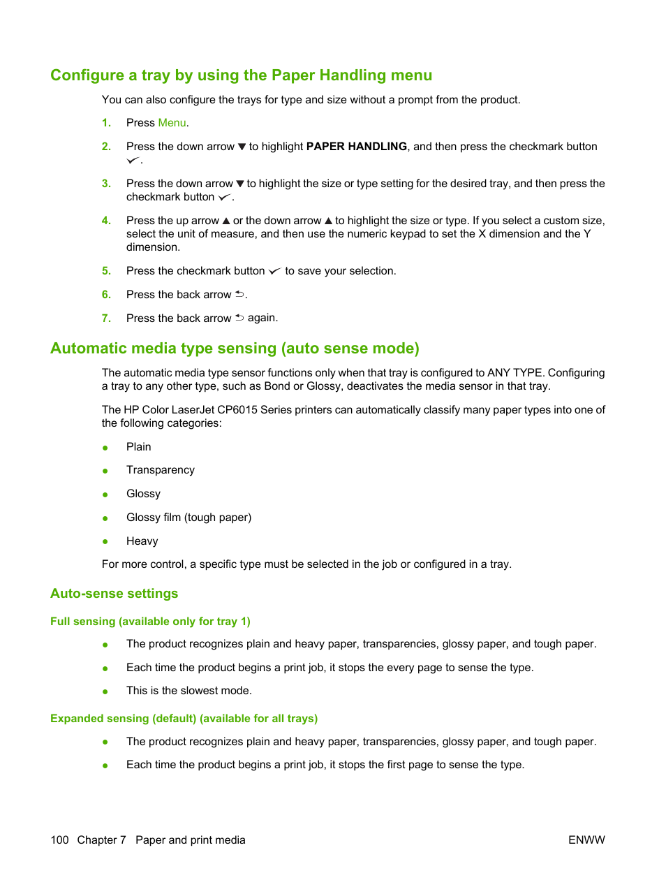 Configure a tray by using the paper handling menu, Automatic media type sensing (auto sense mode), Auto-sense settings | HP Color LaserJet CP6015 Printer series User Manual | Page 114 / 308