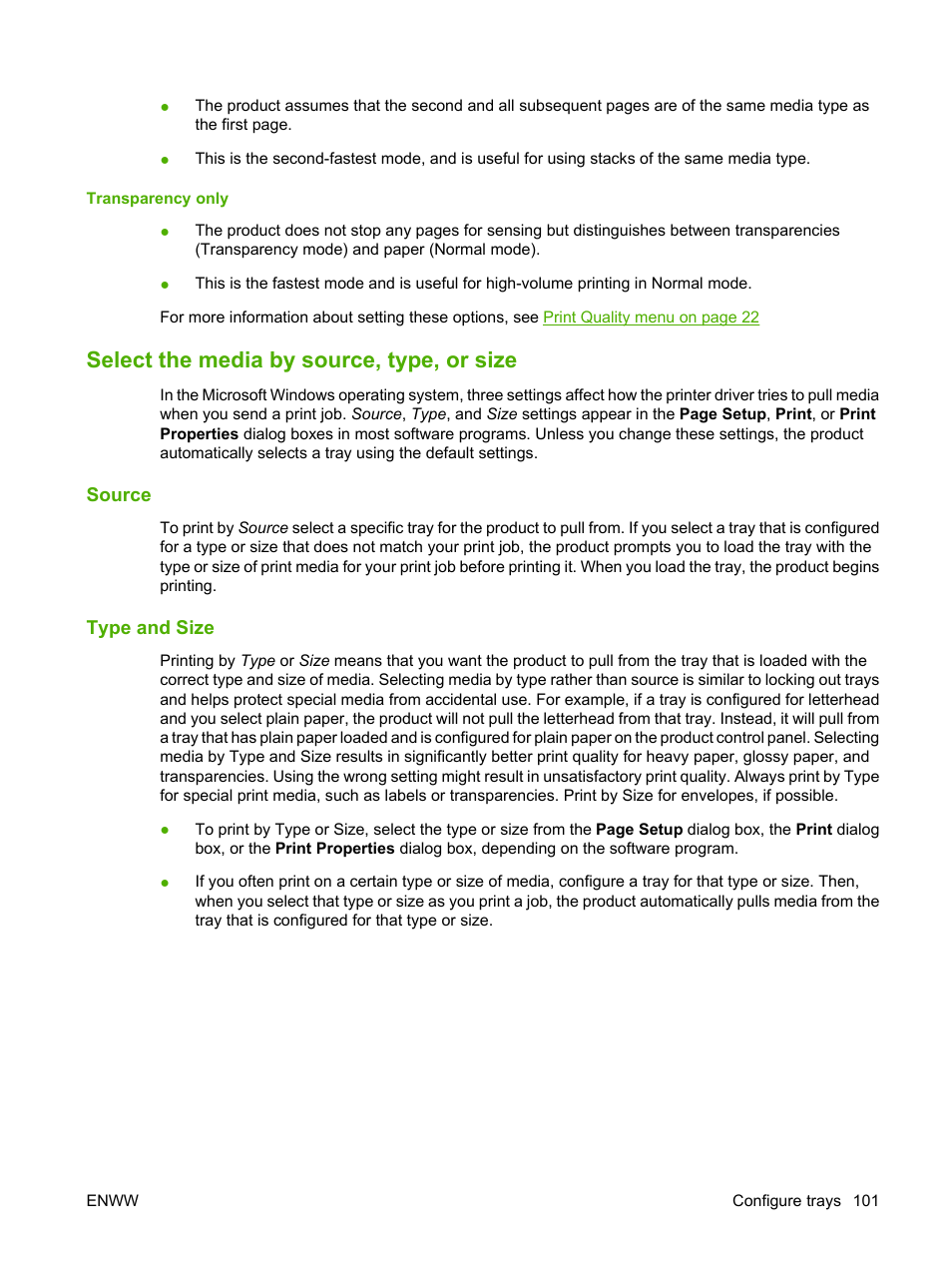 Select the media by source, type, or size, Source, Type and size | Source type and size | HP Color LaserJet CP6015 Printer series User Manual | Page 115 / 308