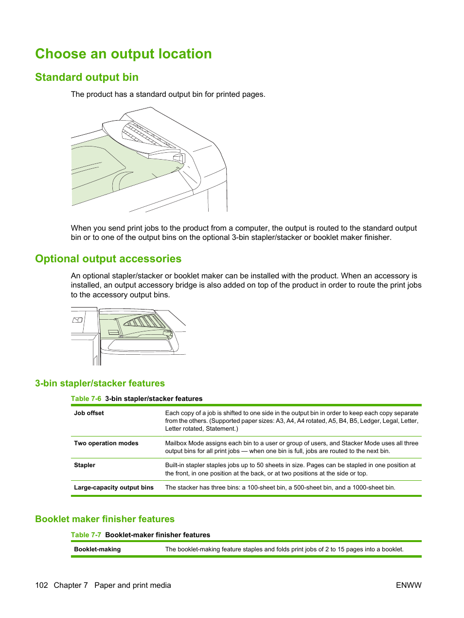 Choose an output location, Standard output bin, Optional output accessories | Bin stapler/stacker features, Booklet maker finisher features, Standard output bin optional output accessories | HP Color LaserJet CP6015 Printer series User Manual | Page 116 / 308