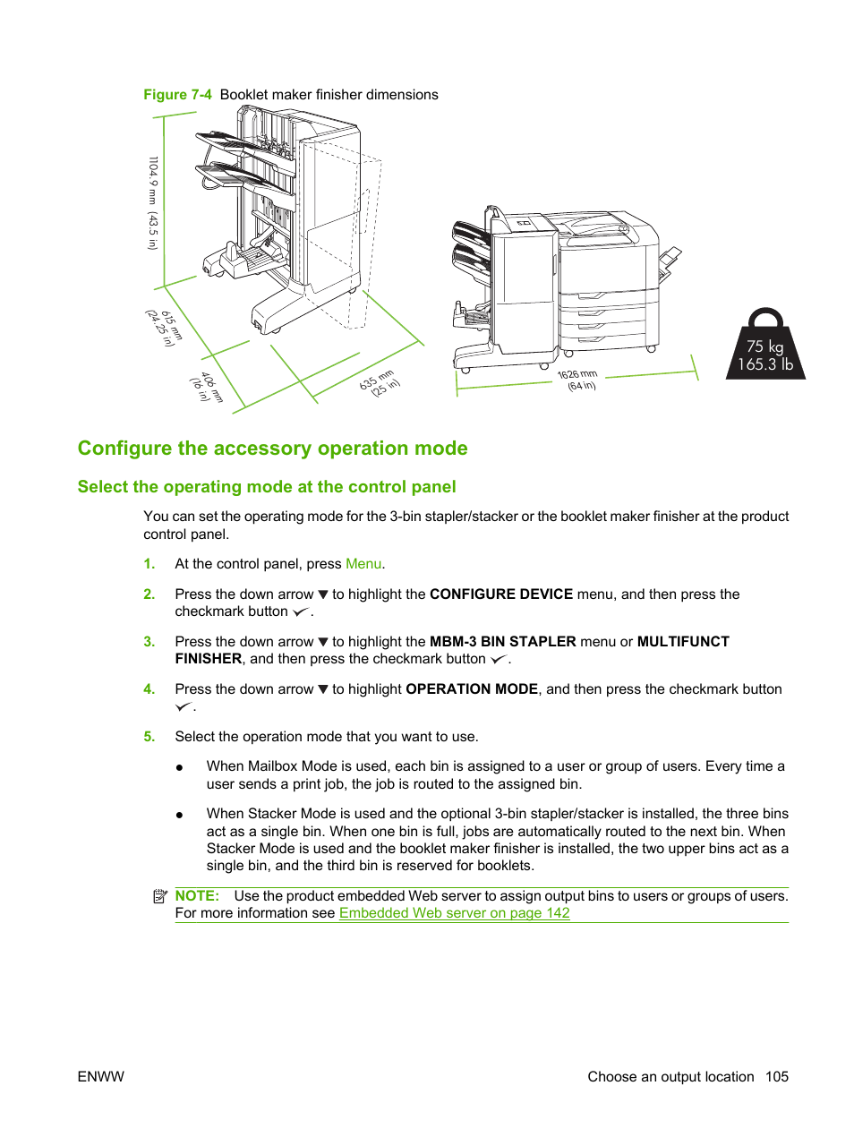 Configure the accessory operation mode, Select the operating mode at the control panel | HP Color LaserJet CP6015 Printer series User Manual | Page 119 / 308