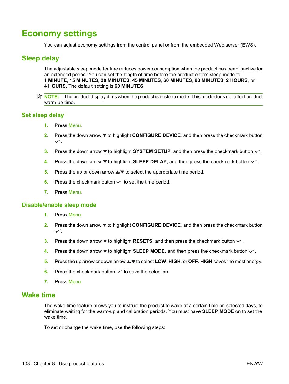 Economy settings, Sleep delay, Set sleep delay | Disable/enable sleep mode, Wake time, Set sleep delay disable/enable sleep mode | HP Color LaserJet CP6015 Printer series User Manual | Page 122 / 308