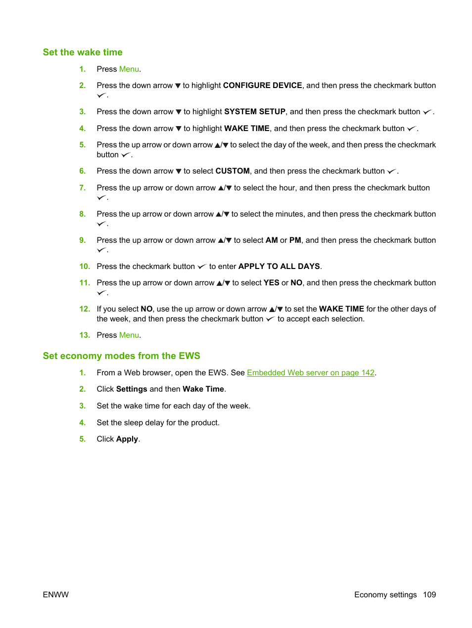Set the wake time, Set economy modes from the ews, Set the wake time set economy modes from the ews | HP Color LaserJet CP6015 Printer series User Manual | Page 123 / 308