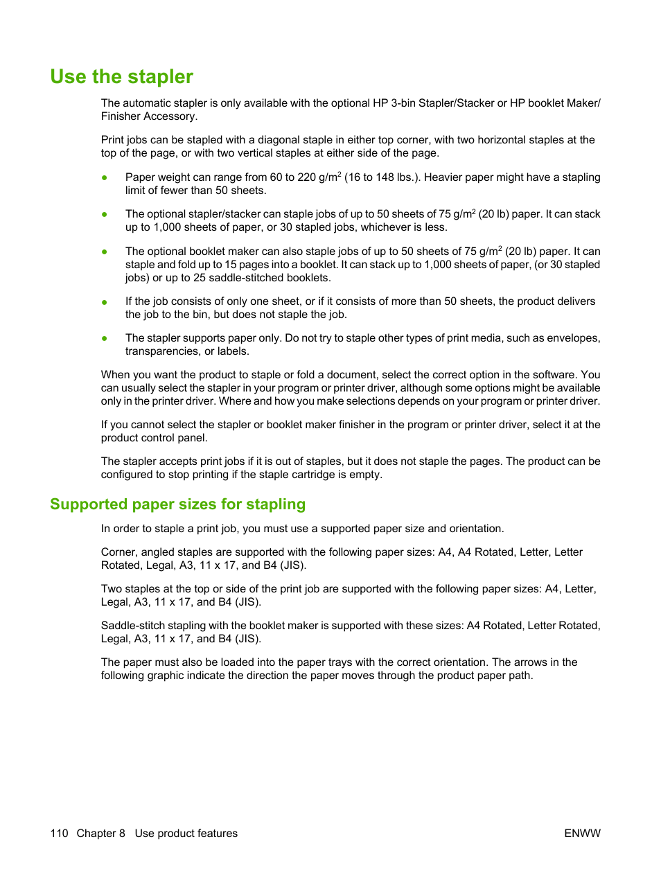 Use the stapler, Supported paper sizes for stapling | HP Color LaserJet CP6015 Printer series User Manual | Page 124 / 308