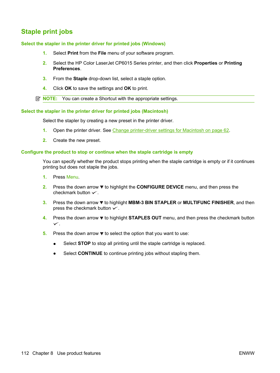 Staple print jobs | HP Color LaserJet CP6015 Printer series User Manual | Page 126 / 308