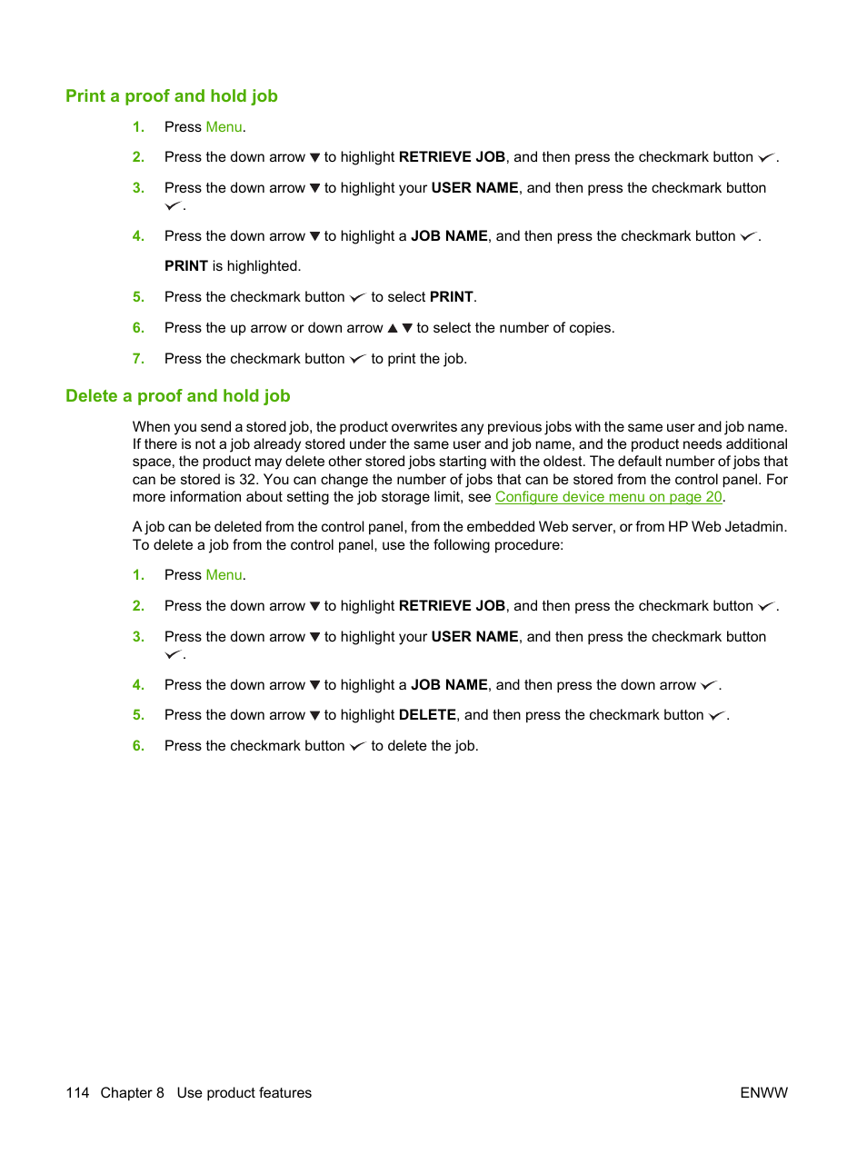 Print a proof and hold job, Delete a proof and hold job | HP Color LaserJet CP6015 Printer series User Manual | Page 128 / 308