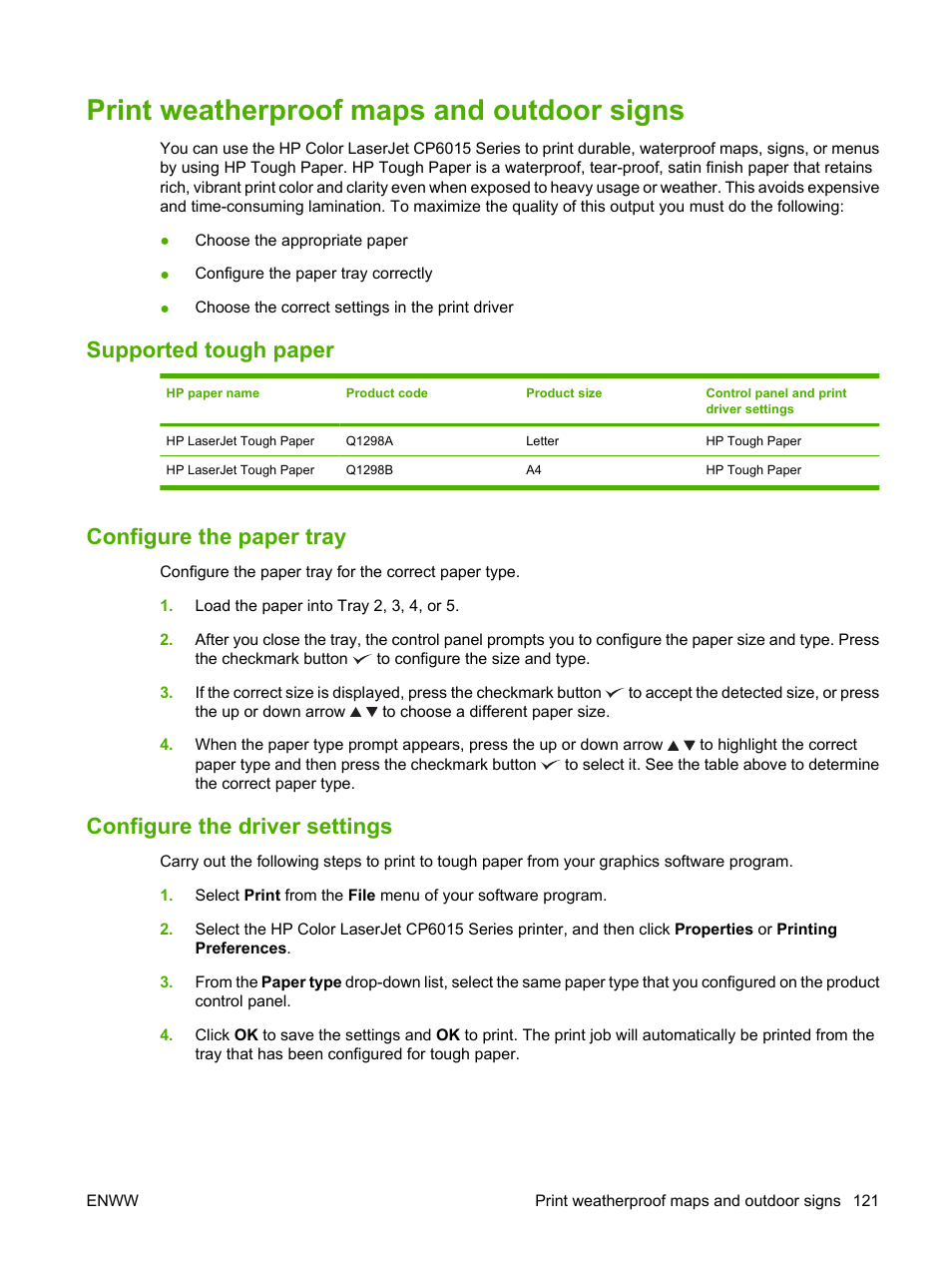 Print weatherproof maps and outdoor signs, Supported tough paper, Configure the paper tray | Configure the driver settings | HP Color LaserJet CP6015 Printer series User Manual | Page 135 / 308