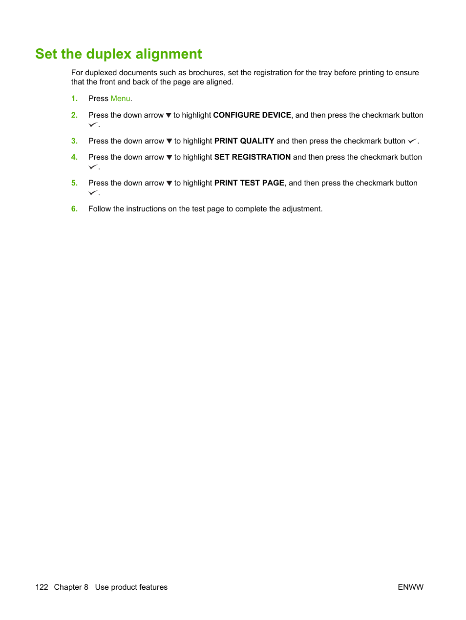 Set the duplex alignment | HP Color LaserJet CP6015 Printer series User Manual | Page 136 / 308