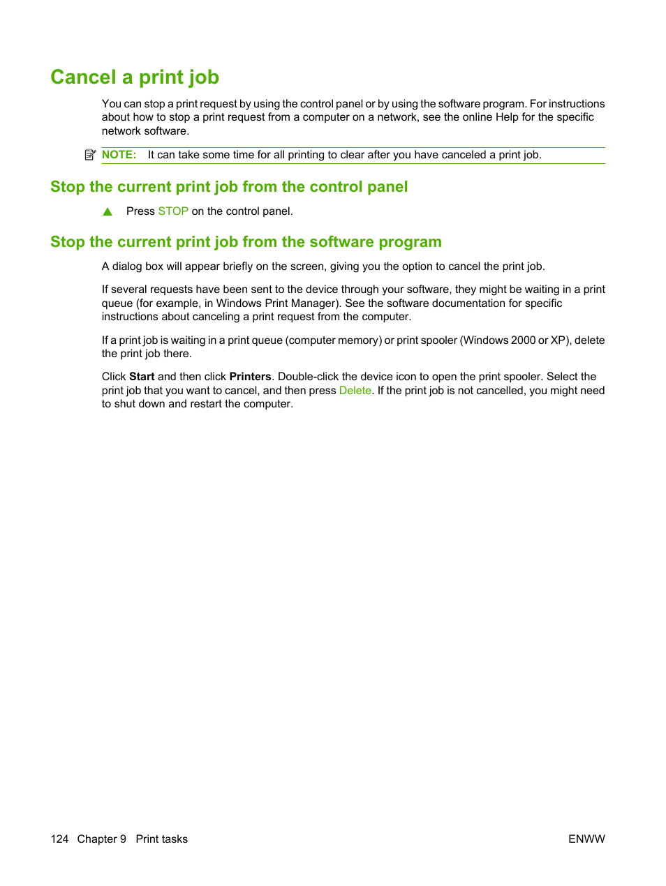 Cancel a print job, Stop the current print job from the control panel | HP Color LaserJet CP6015 Printer series User Manual | Page 138 / 308