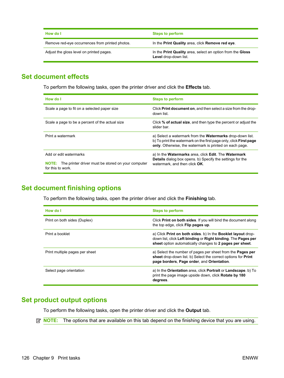 Set document effects, Set document finishing options, Set product output options | HP Color LaserJet CP6015 Printer series User Manual | Page 140 / 308