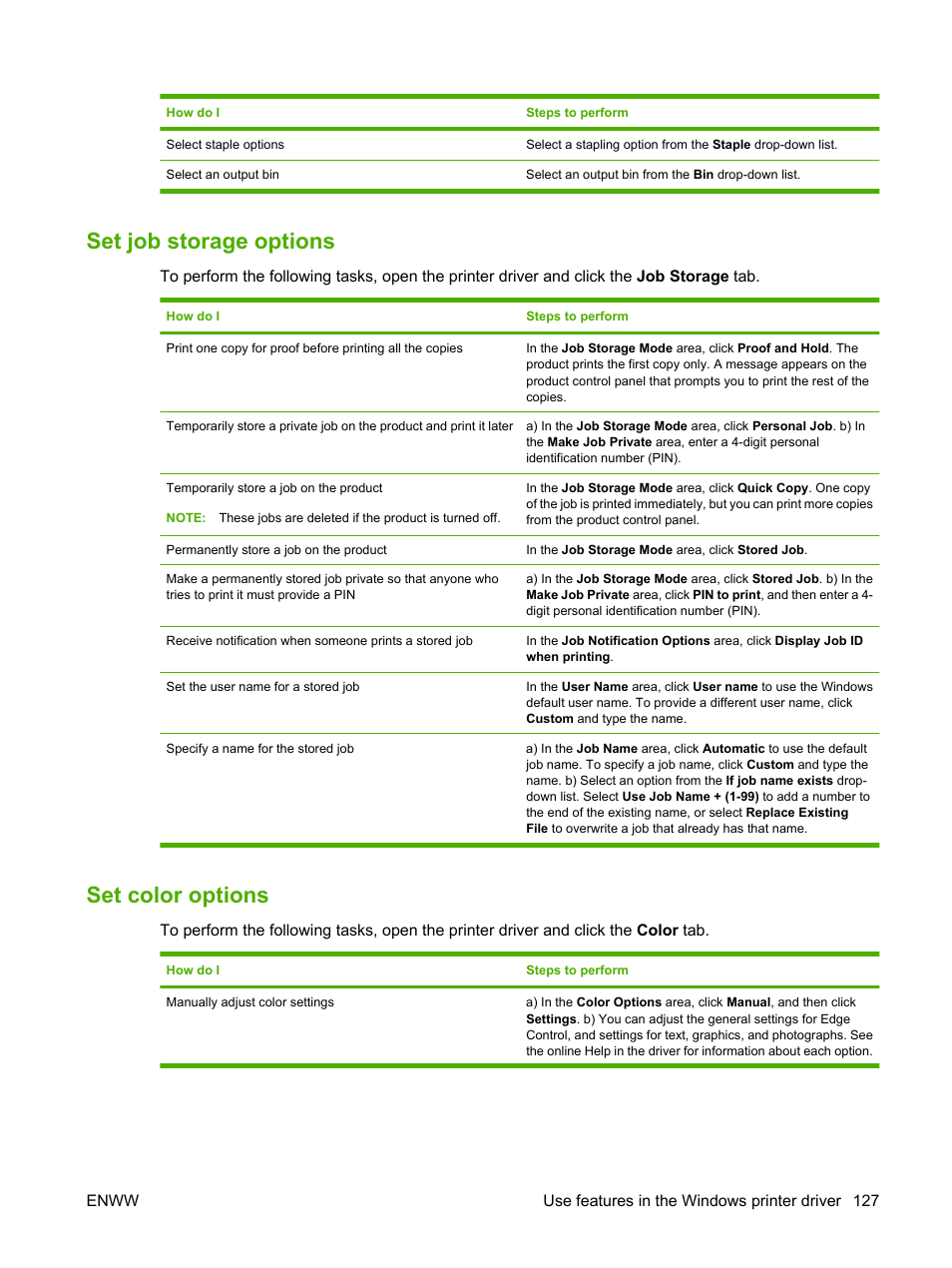 Set job storage options, Set color options, Set job storage options set color options | Set job storage, For wind | HP Color LaserJet CP6015 Printer series User Manual | Page 141 / 308