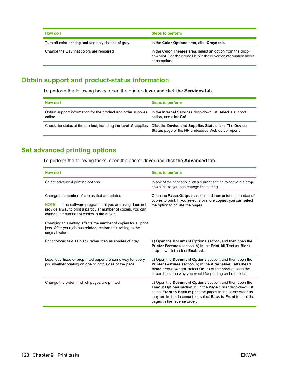 Obtain support and product-status information, Set advanced printing options | HP Color LaserJet CP6015 Printer series User Manual | Page 142 / 308