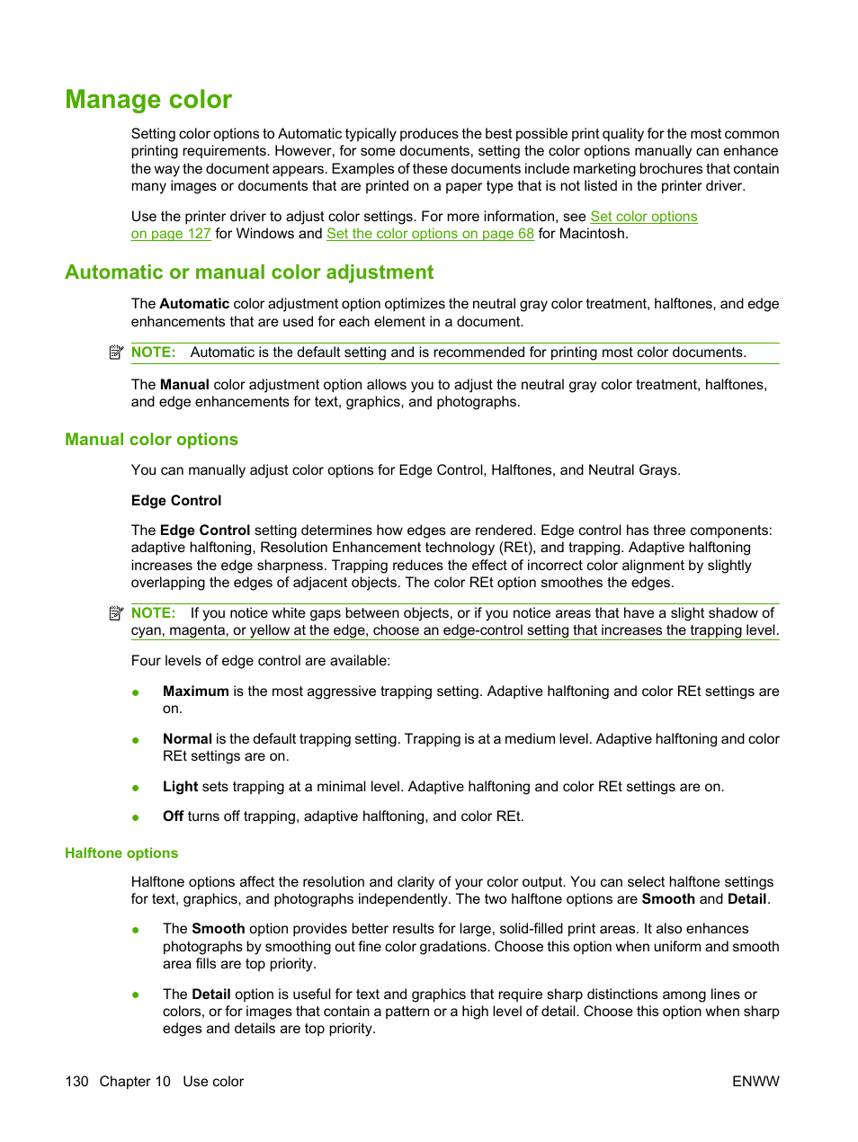 Manage color, Automatic or manual color adjustment, Manual color options | HP Color LaserJet CP6015 Printer series User Manual | Page 144 / 308