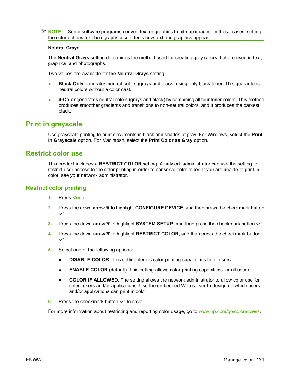Print in grayscale, Restrict color use, Restrict color printing | Print in grayscale restrict color use | HP Color LaserJet CP6015 Printer series User Manual | Page 145 / 308