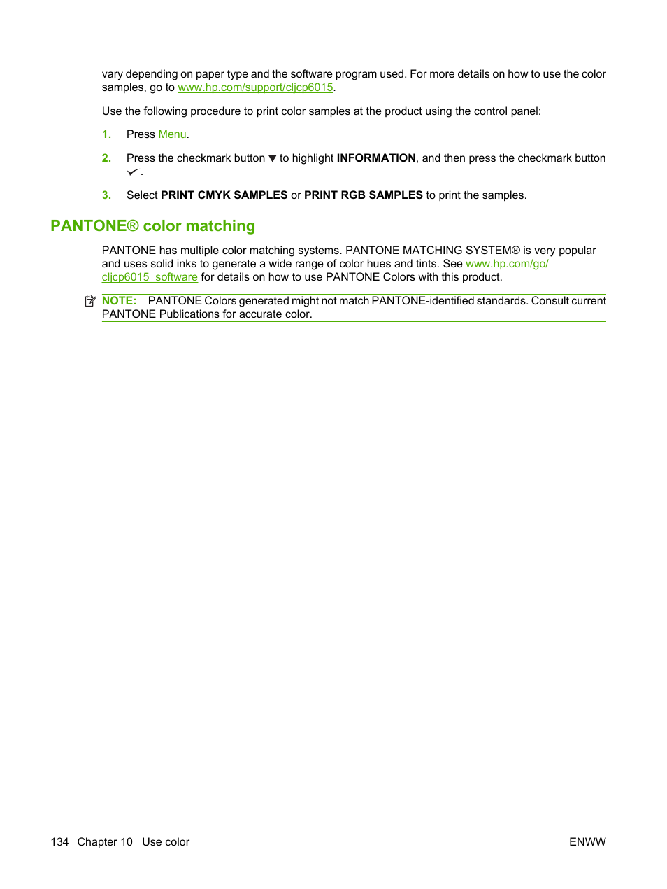 Pantone® color matching | HP Color LaserJet CP6015 Printer series User Manual | Page 148 / 308