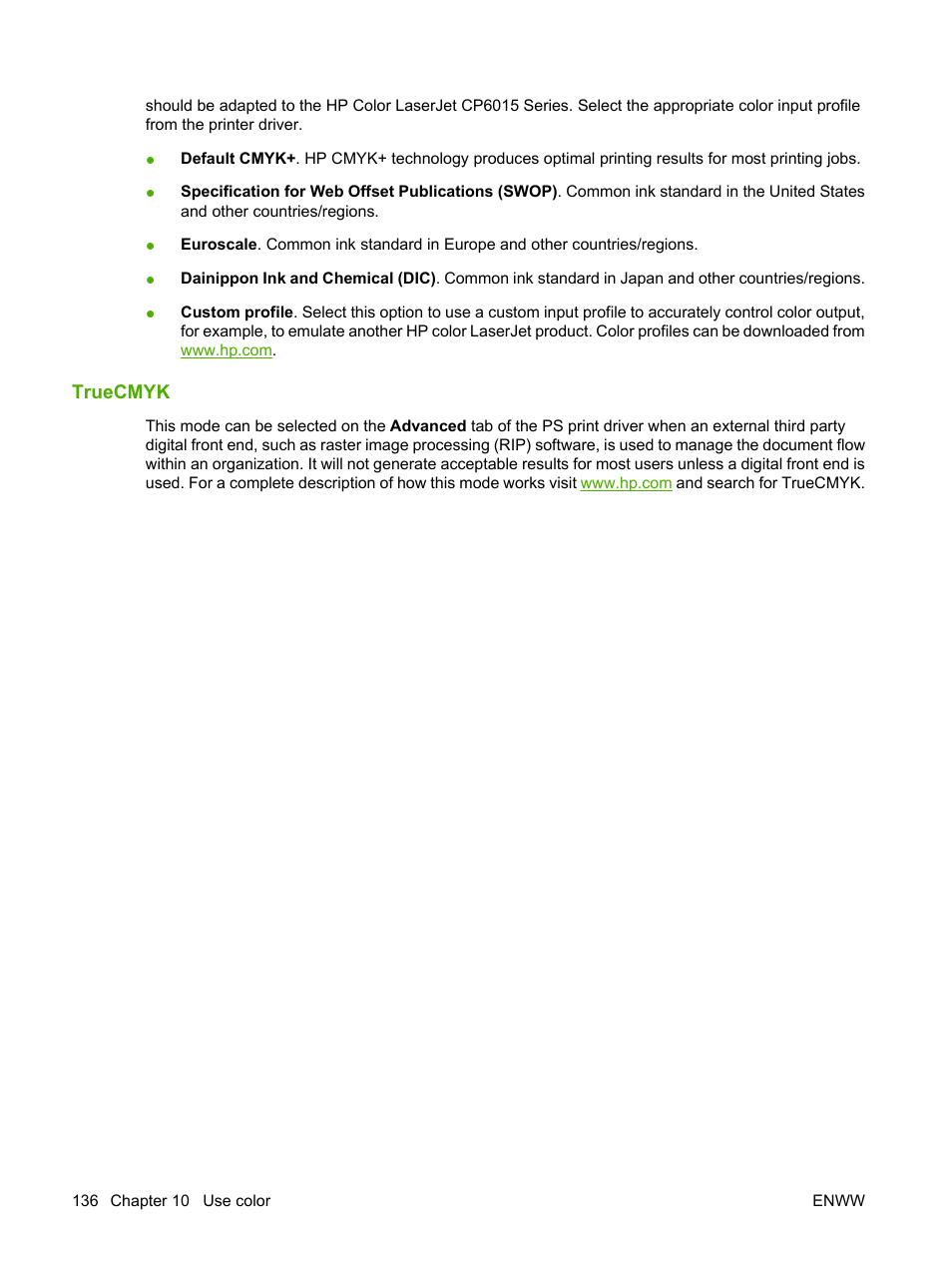Truecmyk | HP Color LaserJet CP6015 Printer series User Manual | Page 150 / 308