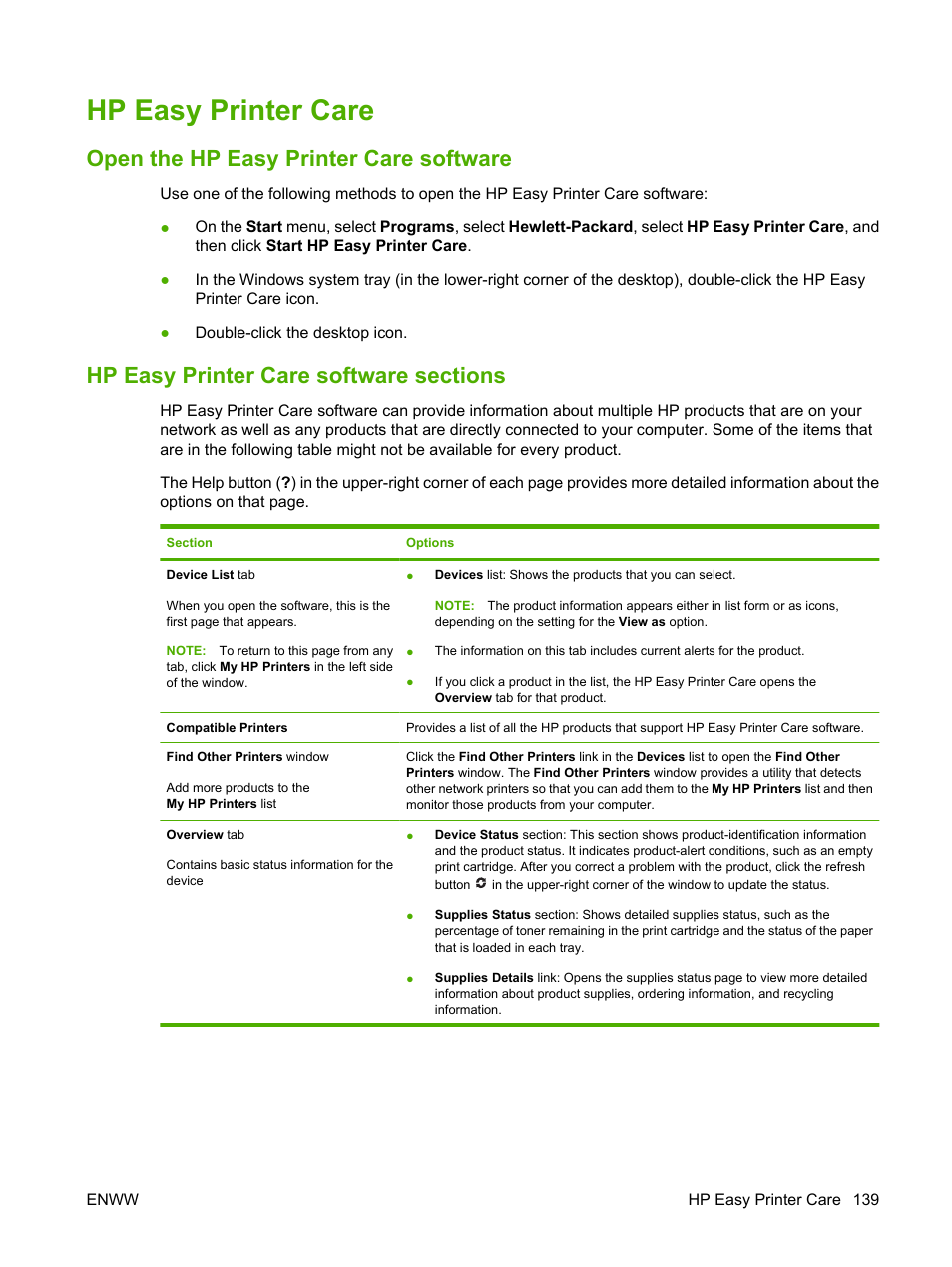 Hp easy printer care, Open the hp easy printer care software, Hp easy printer care software sections | HP Color LaserJet CP6015 Printer series User Manual | Page 153 / 308