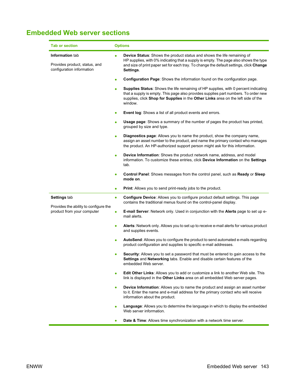 Embedded web server sections, For mo, Enww embedded web server 143 | HP Color LaserJet CP6015 Printer series User Manual | Page 157 / 308