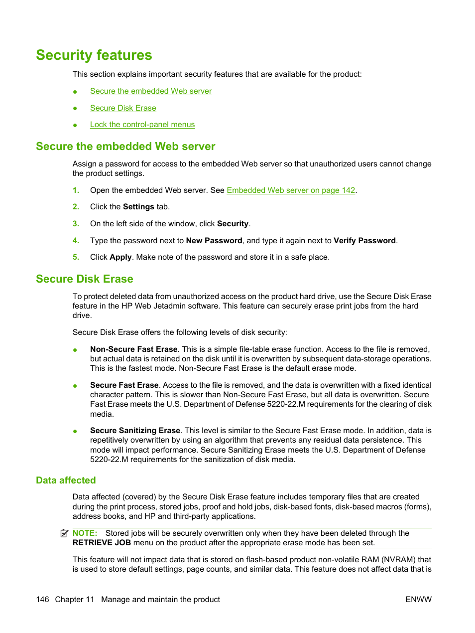 Security features, Secure the embedded web server, Secure disk erase | Data affected, Secure the embedded web server secure disk erase | HP Color LaserJet CP6015 Printer series User Manual | Page 160 / 308