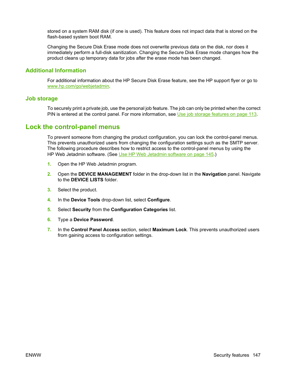 Additional information, Job storage, Lock the control-panel menus | Additional information job storage | HP Color LaserJet CP6015 Printer series User Manual | Page 161 / 308