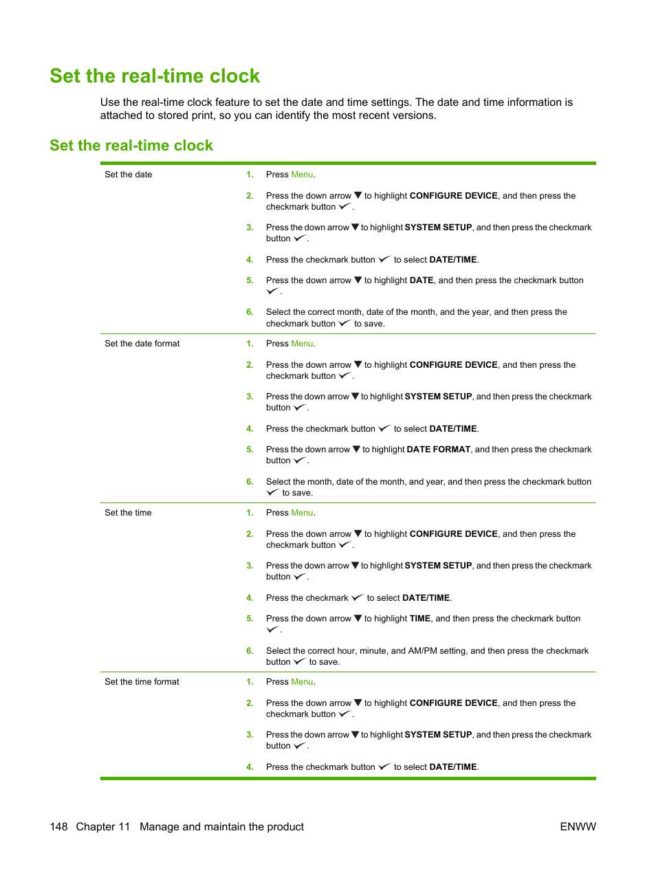 Set the real-time clock | HP Color LaserJet CP6015 Printer series User Manual | Page 162 / 308