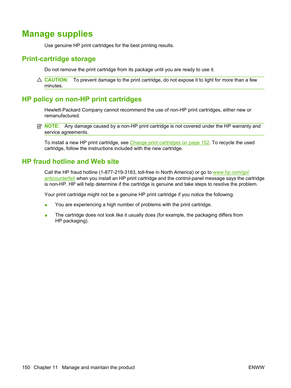 Manage supplies, Print-cartridge storage, Hp policy on non-hp print cartridges | Hp fraud hotline and web site | HP Color LaserJet CP6015 Printer series User Manual | Page 164 / 308