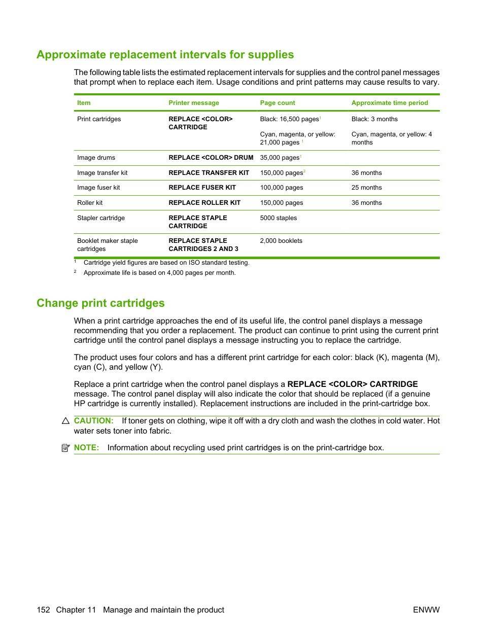 Approximate replacement intervals for supplies, Change print cartridges | HP Color LaserJet CP6015 Printer series User Manual | Page 166 / 308