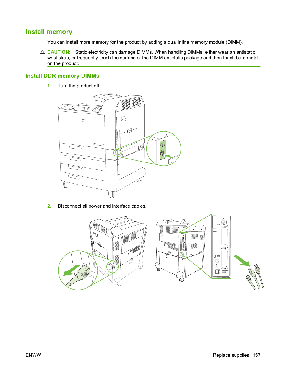 Install memory, Install ddr memory dimms | HP Color LaserJet CP6015 Printer series User Manual | Page 171 / 308