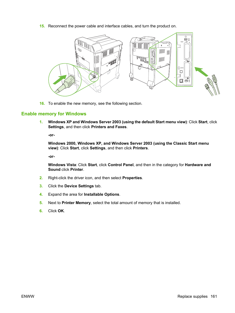 Enable memory for windows | HP Color LaserJet CP6015 Printer series User Manual | Page 175 / 308