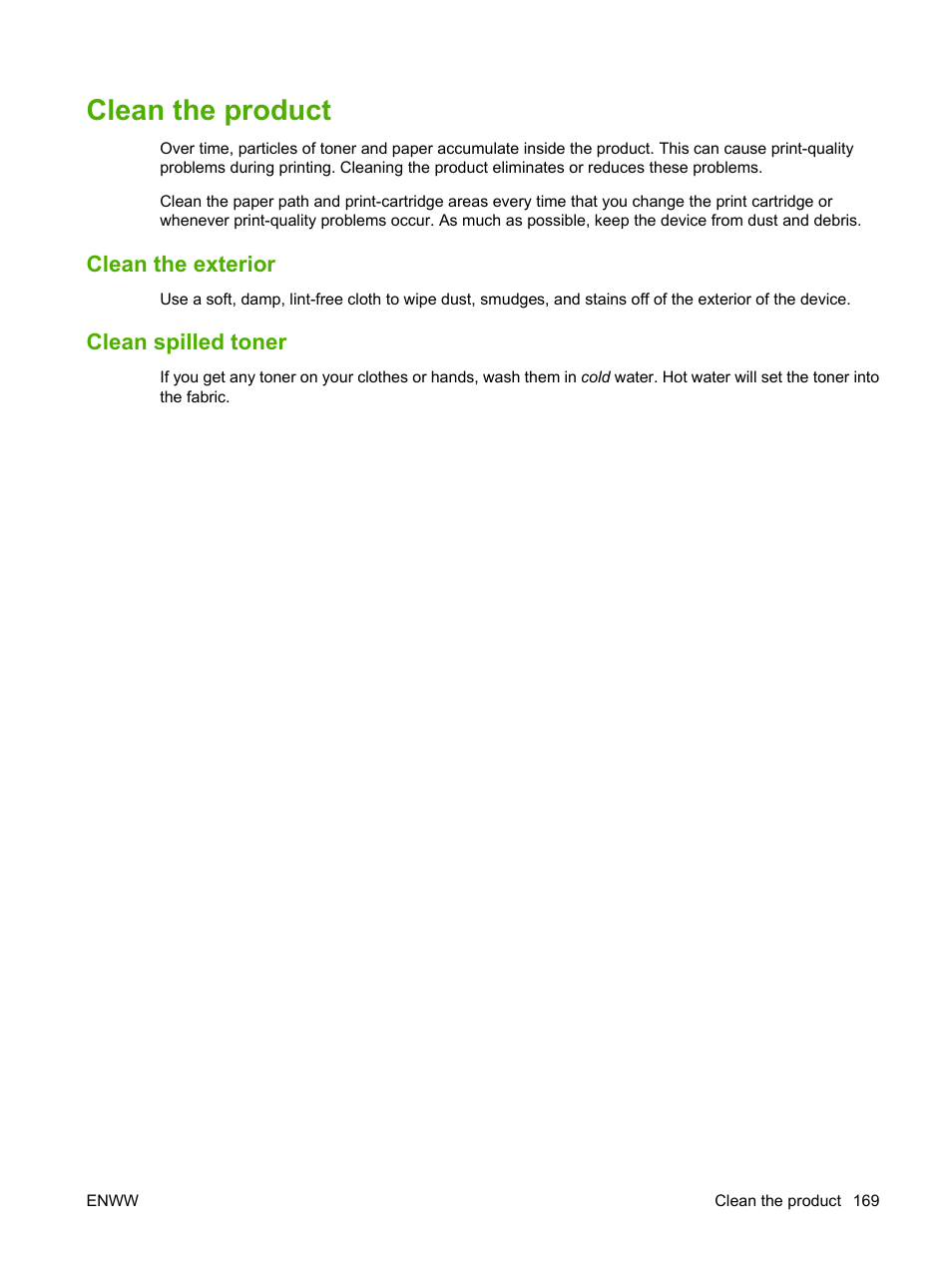 Clean the product, Clean the exterior, Clean spilled toner | Clean the exterior clean spilled toner | HP Color LaserJet CP6015 Printer series User Manual | Page 183 / 308