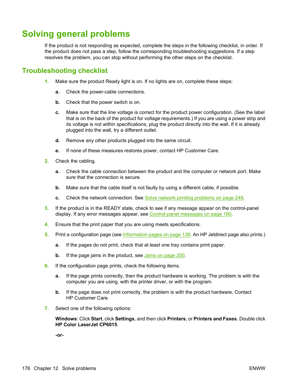 Solving general problems, Troubleshooting checklist | HP Color LaserJet CP6015 Printer series User Manual | Page 190 / 308