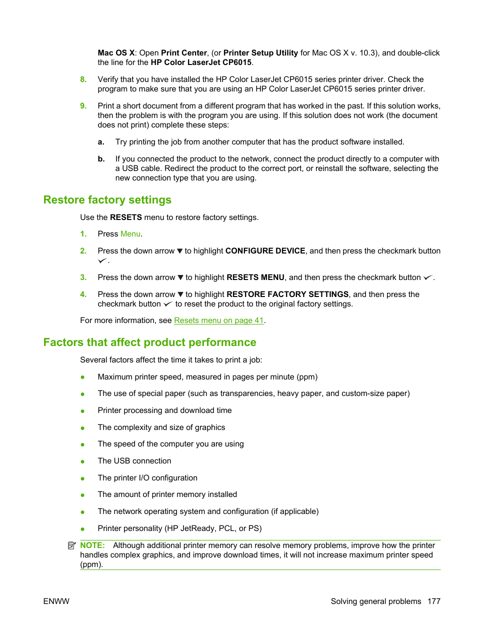 Restore factory settings, Factors that affect product performance | HP Color LaserJet CP6015 Printer series User Manual | Page 191 / 308