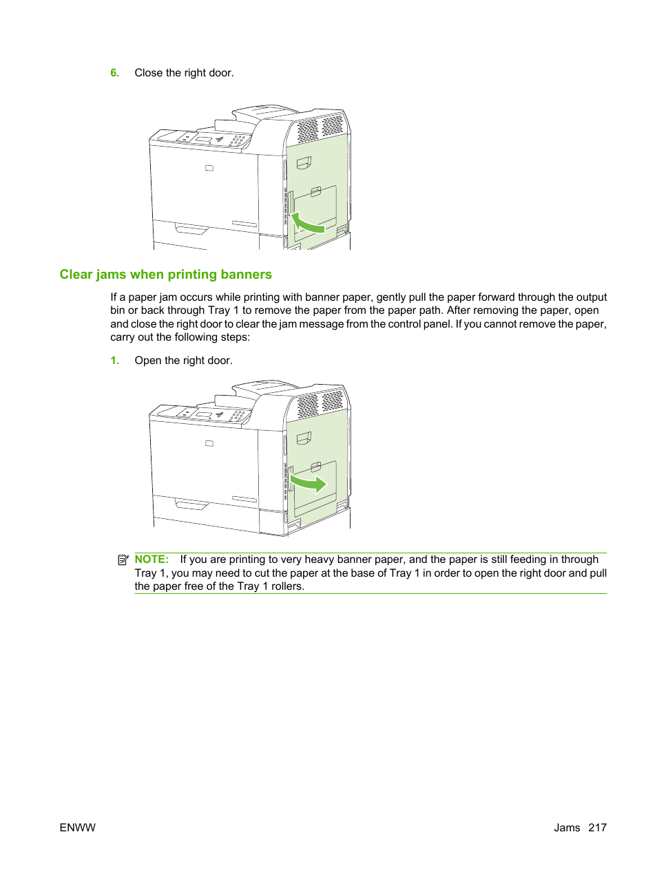 Clear jams when printing banners | HP Color LaserJet CP6015 Printer series User Manual | Page 231 / 308