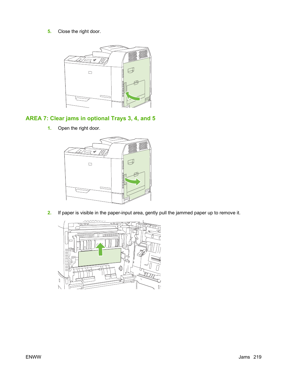 Area 7: clear jams in optional trays 3, 4, and 5 | HP Color LaserJet CP6015 Printer series User Manual | Page 233 / 308