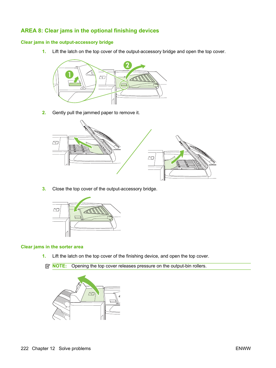 Clear jams in the output-accessory bridge, Clear jams in the sorter area | HP Color LaserJet CP6015 Printer series User Manual | Page 236 / 308