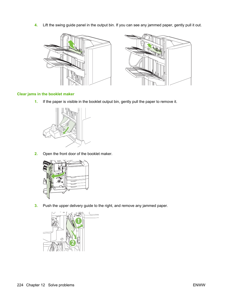 Clear jams in the booklet maker | HP Color LaserJet CP6015 Printer series User Manual | Page 238 / 308