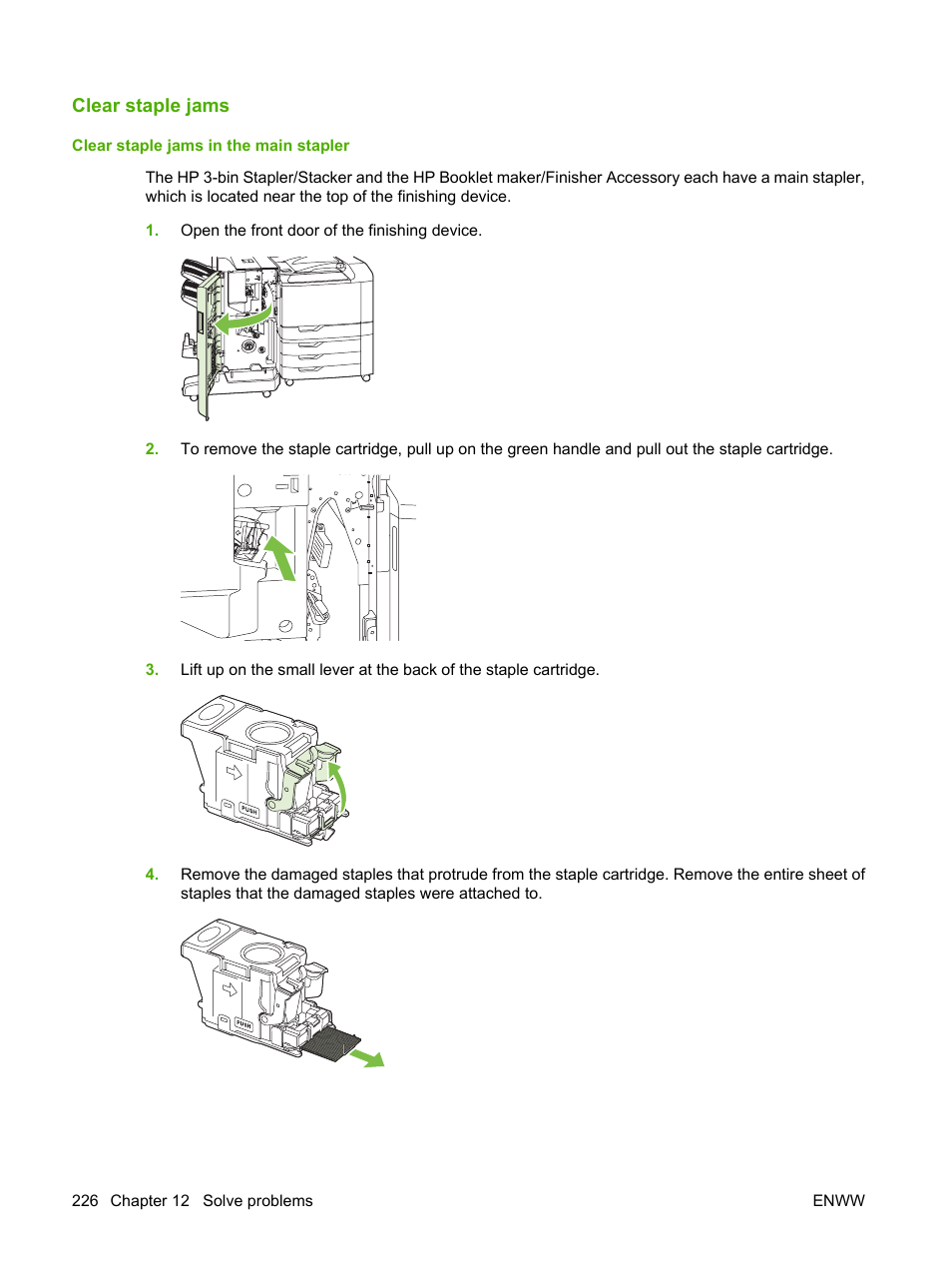 Clear staple jams, Clear staple jams in the main stapler | HP Color LaserJet CP6015 Printer series User Manual | Page 240 / 308