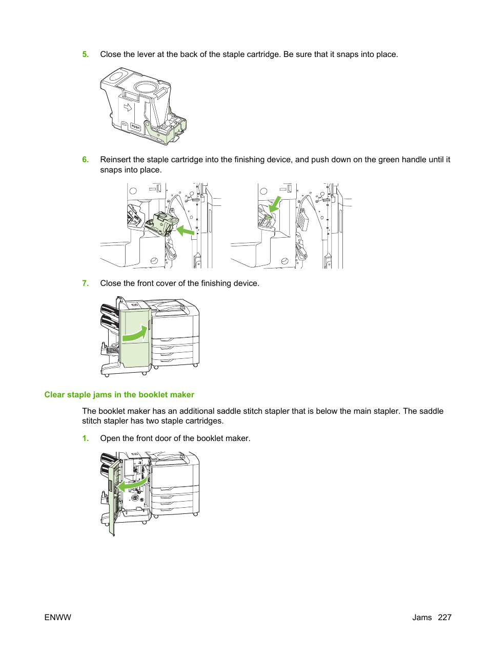 Clear staple jams in the booklet maker | HP Color LaserJet CP6015 Printer series User Manual | Page 241 / 308