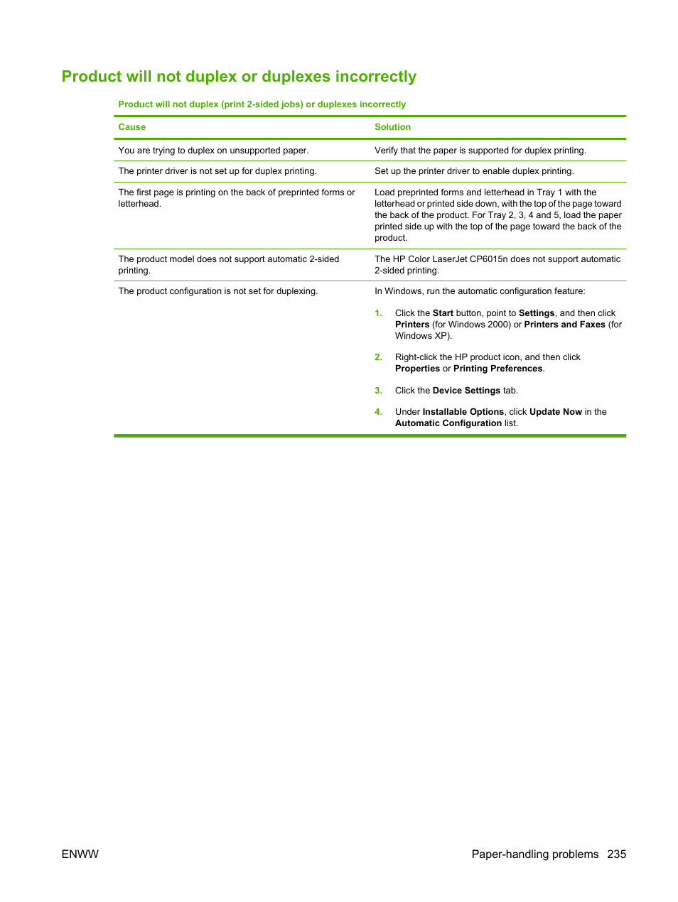 Product will not duplex or duplexes incorrectly | HP Color LaserJet CP6015 Printer series User Manual | Page 249 / 308