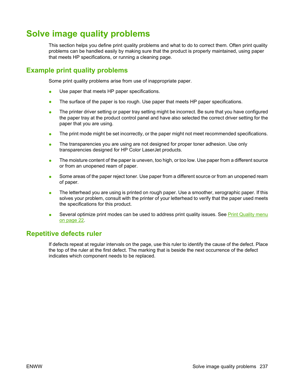 Solve image quality problems, Example print quality problems, Repetitive defects ruler | HP Color LaserJet CP6015 Printer series User Manual | Page 251 / 308