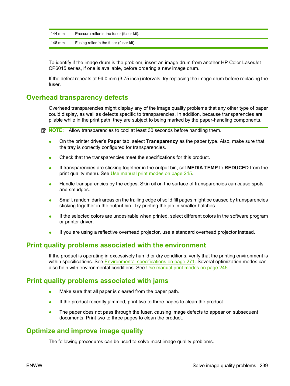 Overhead transparency defects, Print quality problems associated with jams, Optimize and improve image quality | HP Color LaserJet CP6015 Printer series User Manual | Page 253 / 308