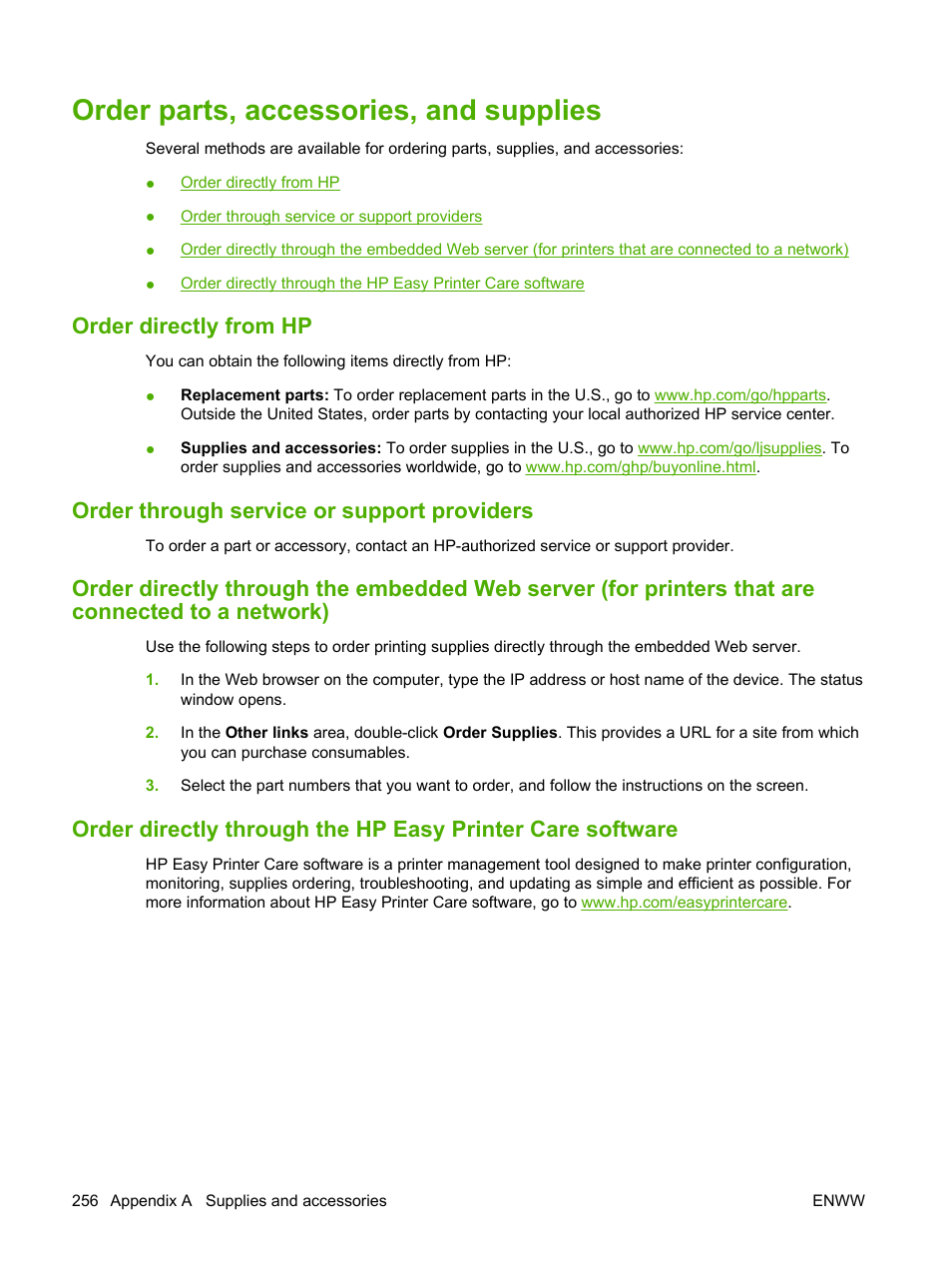 Order parts, accessories, and supplies, Order directly from hp, Order through service or support providers | HP Color LaserJet CP6015 Printer series User Manual | Page 270 / 308