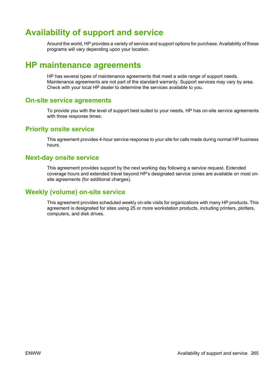 Availability of support and service, Hp maintenance agreements, On-site service agreements | Priority onsite service, Next-day onsite service, Weekly (volume) on-site service | HP Color LaserJet CP6015 Printer series User Manual | Page 279 / 308