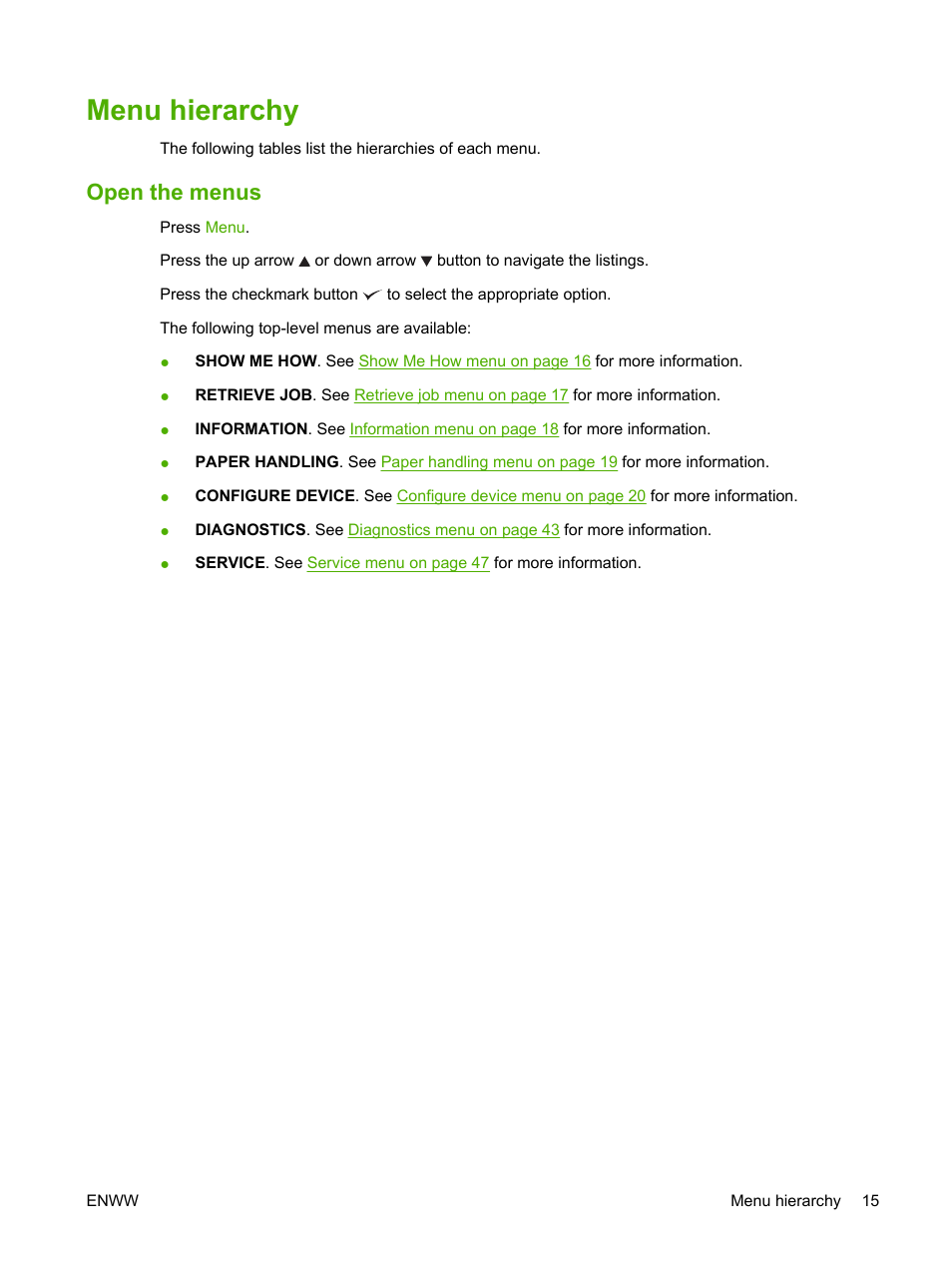 Menu hierarchy, Open the menus | HP Color LaserJet CP6015 Printer series User Manual | Page 29 / 308