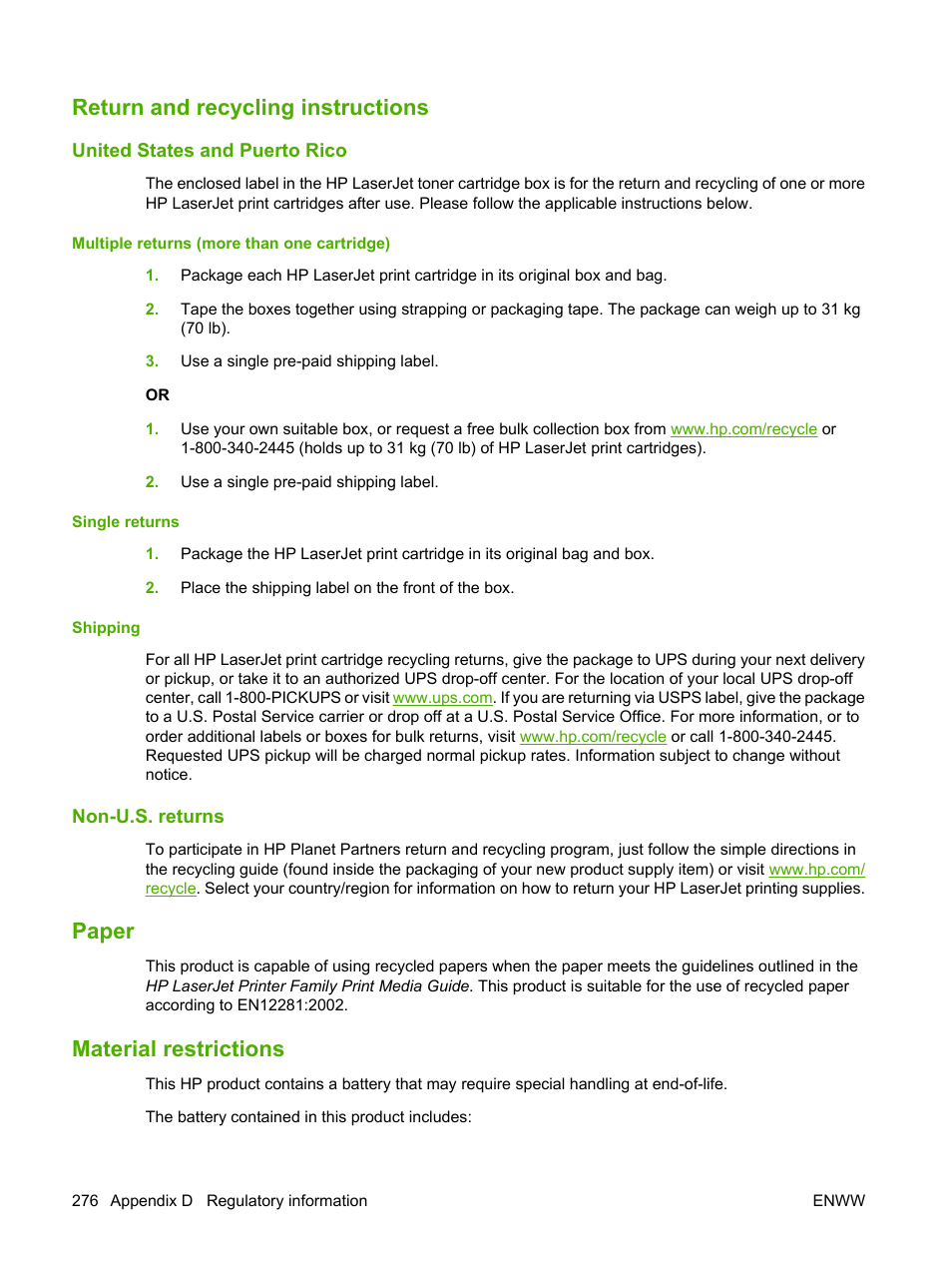 Return and recycling instructions, United states and puerto rico, Multiple returns (more than one cartridge) | Single returns, Shipping, Non-u.s. returns, Paper, Material restrictions, Paper material restrictions | HP Color LaserJet CP6015 Printer series User Manual | Page 290 / 308