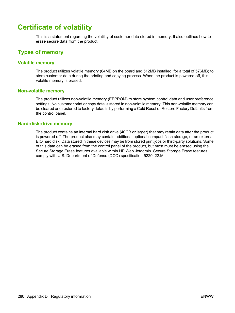 Certificate of volatility, Types of memory, Volatile memory | Non-volatile memory, Hard-disk-drive memory, Non-volatile memory hard-disk-drive memory | HP Color LaserJet CP6015 Printer series User Manual | Page 294 / 308