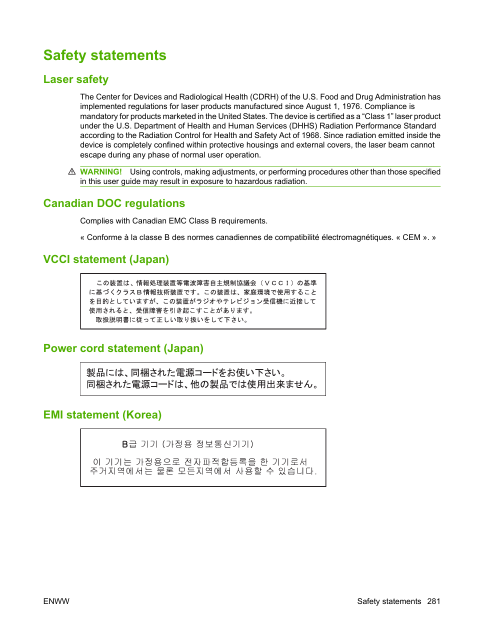 Safety statements, Laser safety, Canadian doc regulations | Vcci statement (japan), Power cord statement (japan), Emi statement (korea) | HP Color LaserJet CP6015 Printer series User Manual | Page 295 / 308