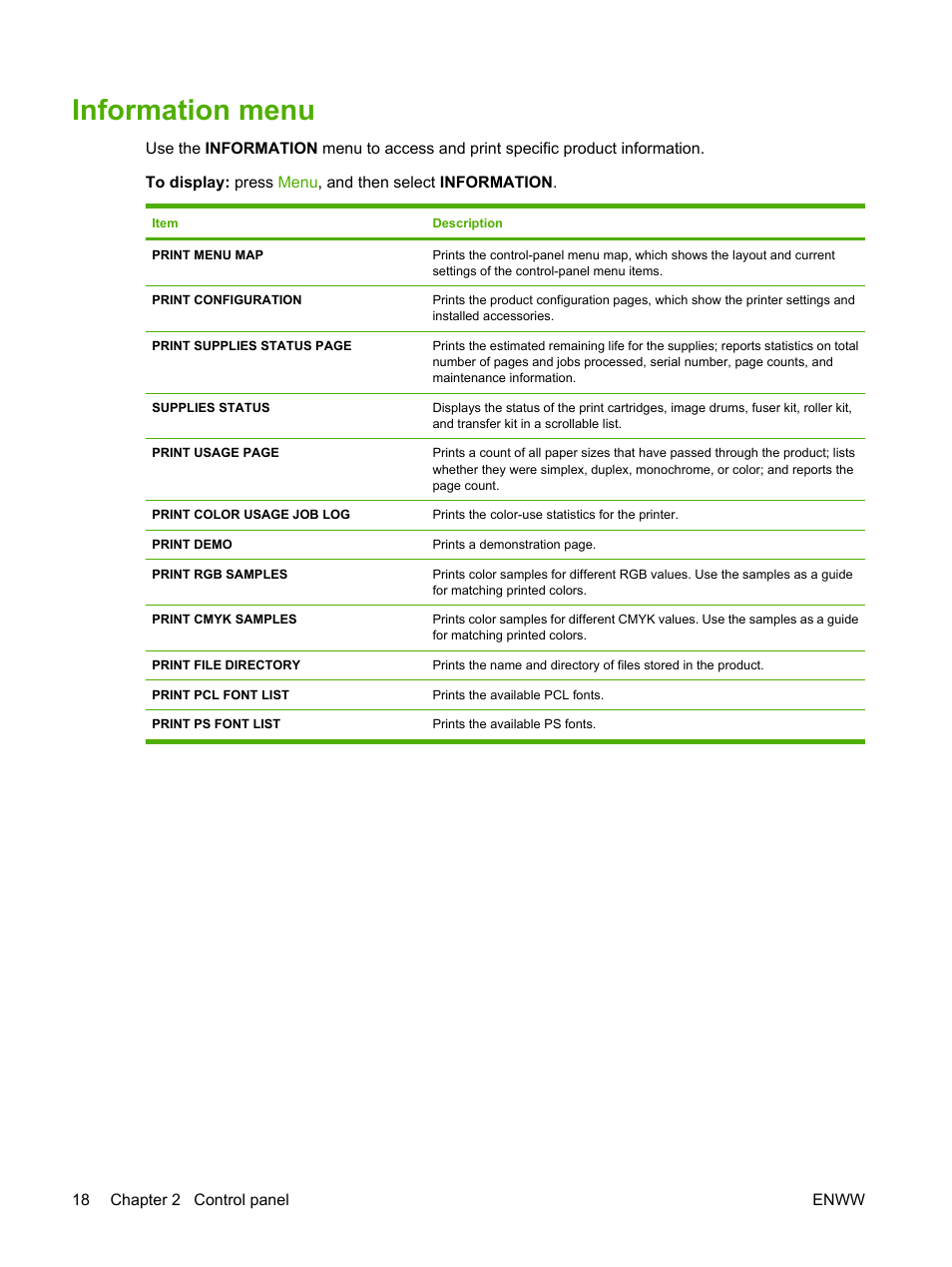Information menu | HP Color LaserJet CP6015 Printer series User Manual | Page 32 / 308