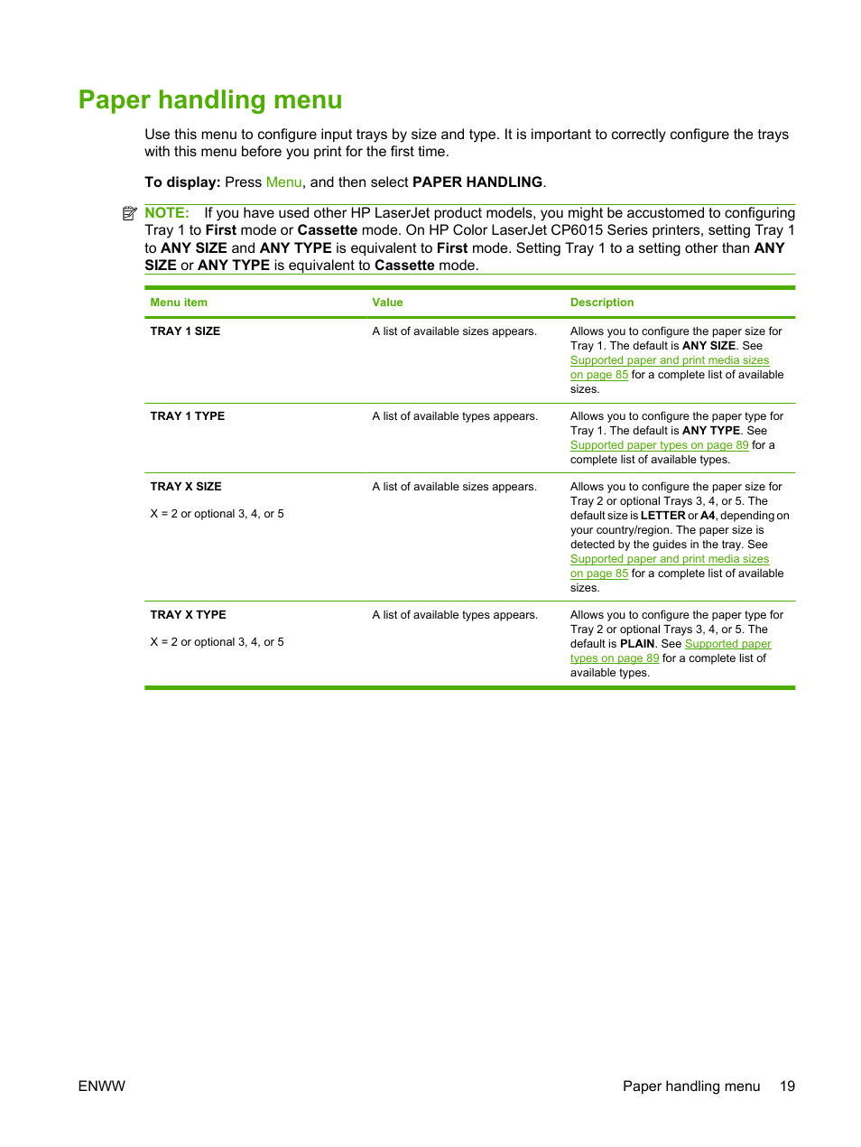 Paper handling menu, For more informat | HP Color LaserJet CP6015 Printer series User Manual | Page 33 / 308