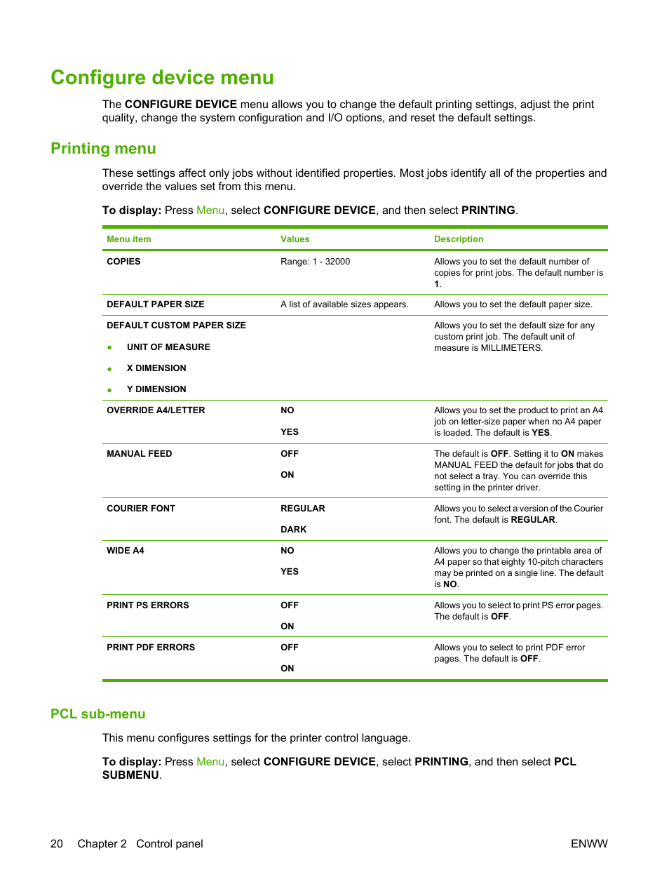 Configure device menu, Printing menu, Pcl sub-menu | For more information | HP Color LaserJet CP6015 Printer series User Manual | Page 34 / 308